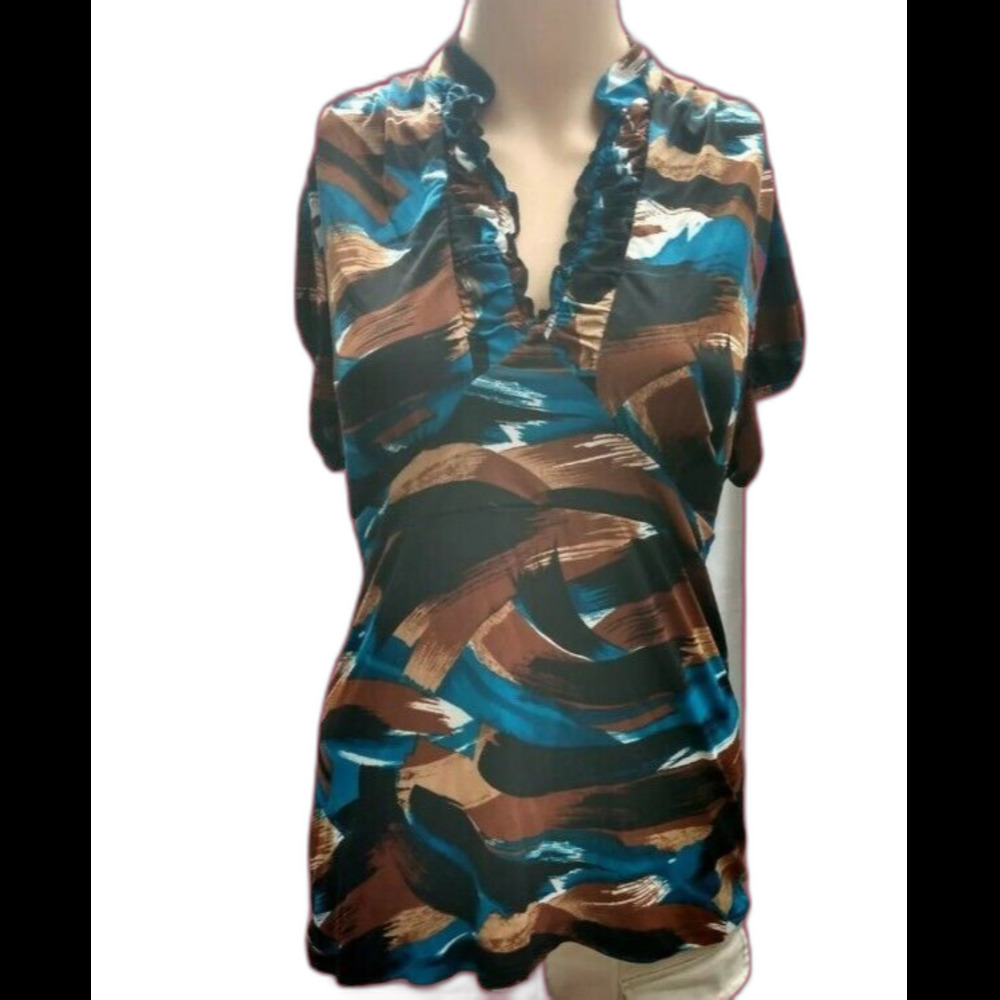 Apostrophe Top Multicolor Short Sleeve Tie Back Tunic Size MP Petite Vintage